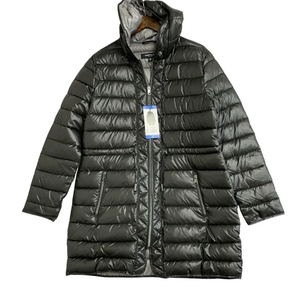 NEW Kenneth Cole Women's Size L Black Hooded Puffer Coat Full Zip